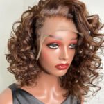 13x4 Lace Front 14 Inch Bob Wig Dark Brown Curly Side Part