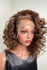 13x4 Lace Front 14 Inch Bob Wig Dark Brown Curly Side Part