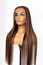 13x6 Glueless Hd Straight Lace Front Brown Wig with Blonde Highlights - Image 4