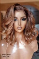 Glueless HD Lace Wig Light Brown Red Side Part Wave 14 inch Bob - Image 2
