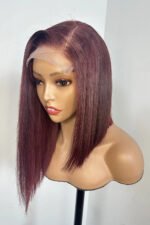 5x5 Closure 14 Inch Blunt Cut Burgundy Side Part Asymmetrical Bob