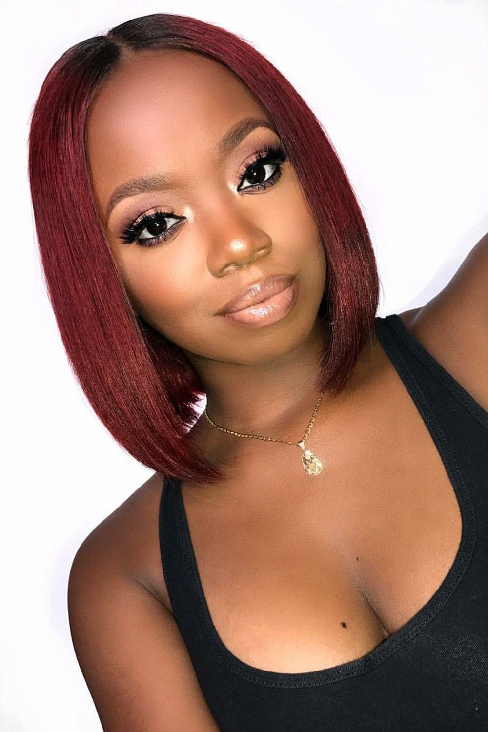 654489452156-1.jpg 13x6 1B/Red Dark Root Lace Front Wig Straight Bob Human Hair PB54 - Image 1