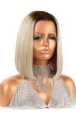 Blonde Straight Bob Wig with Dark Roots Middle Part Lace Front - Image 2