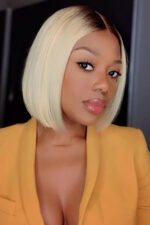 Blonde Straight Bob Wig with Dark Roots Middle Part Lace Front - Image 3