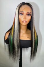 Bright Rainbow Colored Wig Glueless HD Lace Front Straight Highlights - Image 4