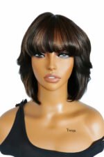 Brown Highlights Medium Bob with Bangs No Glue Wig With Top Lace - Image 5