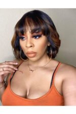 Brown Highlights Medium Bob with Bangs No Glue Wig With Top Lace - Image 2