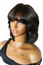 Brown Highlights Medium Bob with Bangs No Glue Wig With Top Lace - Image 6