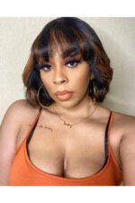 Brown Highlights Medium Bob with Bangs No Glue Wig With Top Lace