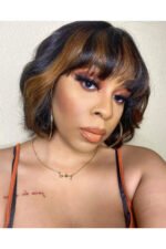 Brown Highlights Medium Bob with Bangs No Glue Wig With Top Lace - Image 4