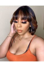 Brown Highlights Medium Bob with Bangs No Glue Wig With Top Lace - Image 3