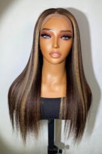 13x6 Glueless Hd Lace Brown Wig with Blonde Highlights Bone Straight - Image 2