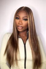 13x6 Glueless Hd Lace Brown Wig with Blonde Highlights Bone Straight - Image 3