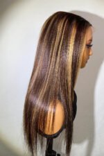 13x6 Glueless Hd Lace Brown Wig with Blonde Highlights Bone Straight - Image 4