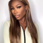 13x6 Glueless Hd Lace Brown Wig with Blonde Highlights Bone Straight