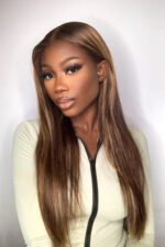 13x6 Glueless Hd Lace Brown Wig with Blonde Highlights Bone Straight