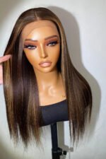 13x6 Glueless Hd Lace Brown Wig with Blonde Highlights Bone Straight - Image 6