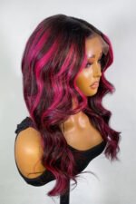 Burgundy Red Skunk Stripe Wig Gluess HD Lace Frontal Body Wave - Image 2