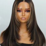 Layered Wolf Cut Black Wig with Brown Highlights Glueless HD Lace