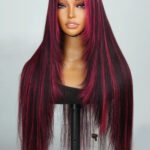 Layered Wolf Cut Burgundy Skunk Stripe Wig Glueless HD Lace Straight