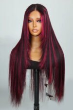 Layered Wolf Cut Burgundy Skunk Stripe Wig Glueless HD Lace Straight