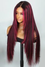 Layered Wolf Cut Burgundy Skunk Stripe Wig Glueless HD Lace Straight - Image 4
