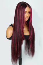 Layered Wolf Cut Burgundy Skunk Stripe Wig Glueless HD Lace Straight - Image 2