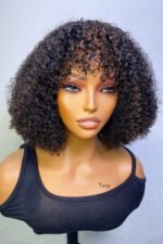 No Glue Wigs With Lace Front Top and Bangs Highlight Brown Curly - Image 4