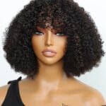 No Glue Wigs With Lace Front Top and Bangs Highlight Brown Curly