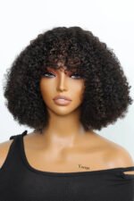 No Glue Wigs With Lace Front Top and Bangs Highlight Brown Curly