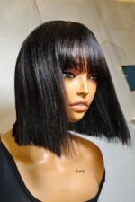 No Glue Top Lace Wigs 10 Inch YaKi Bob Human Hair Straight with Bangs - Image 10