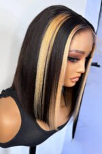 Shoulder Length Black Bob with Blonde Highlights Bone Straight - Image 2
