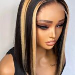 Shoulder Length Black Bob with Blonde Highlights Bone Straight