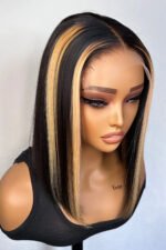 Shoulder Length Black Bob with Blonde Highlights Bone Straight