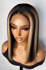Shoulder Length Black Bob with Blonde Highlights Bone Straight - Image 3