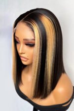 Shoulder Length Black Bob with Blonde Highlights Bone Straight - Image 4