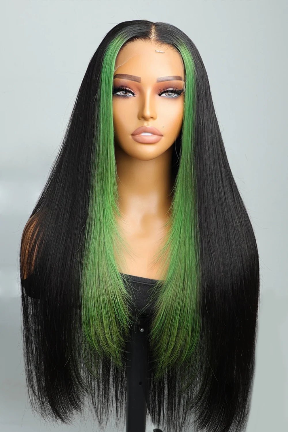 straight-green-skunk-stripe-wig-1.jpg Layered Wolf Cut Green Skunk Stripe Wig Glueless HD Lace Frontal - Image 1