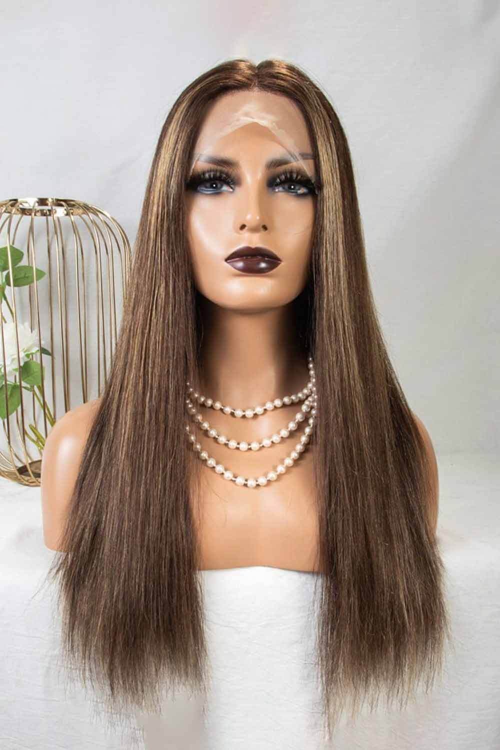t-part-wig-straight-human-hair-brown-wig-with-blonde-highlights-1.jpg T Part Lace Wig Highlight 27# Straight-TP17 - Image 1